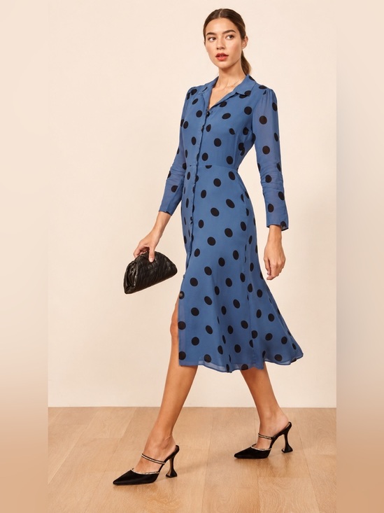 Reformation Dresses & Skirts - Reformation Arcadia blue polka dot midi shirt dress size 10 retro pinup 50s trad